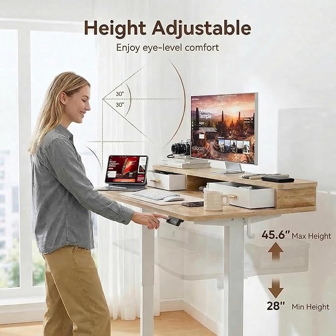 Grandder Electric Standing Desk with Two Drawers, Sit to Stand Up Height Adjustable Desk with Storage Shelf for Home Office, 48 * 24 Inch, Study, Ergonomic Adjustable Computer Desk, Oak