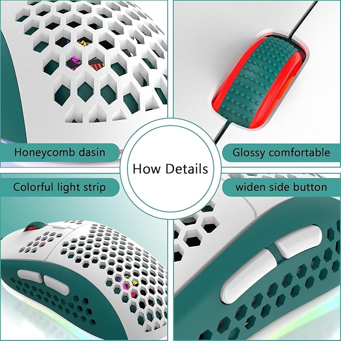 ZIYOU LANG Wired RGB Gaming Mouse,65G Lightweight Honeycomb Ultralight Mouse with High Precision Sensor 6400DPI,6 Button Programmable USB Gaming Mice,Precise Registration for PC Gamers Xbox PS4 Users