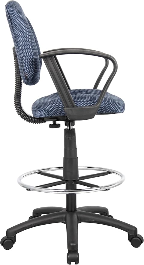 BOWERY HILL Contemporary Fabric Drafting Stool, Blue Tweed Upholstery, Adjustable Loop Arms, Pneumatic Seat Height, Chrome Footrest, Nylon Base, Dual Wheel Casters, Ergonomic Office Chair