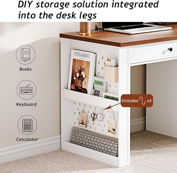 Ieejdn 47" Home Office Desks, Executive Desk, Farmhouse Computer Desk with Drawers and Charging Station, File Drawer, Storage Cabinet, Rustic Computer Writing Desk,Antique White
