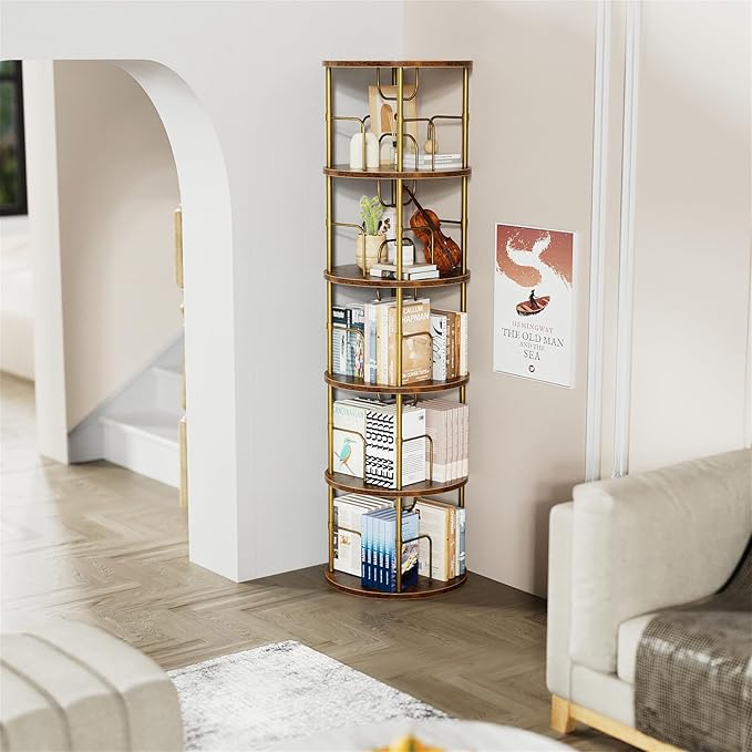 ALLSTAND 5 Tier Rotating Bookshelf, 360 ° Display Stackable Spinning Bookshelf Tower, Narrow Space Saving Tall Floor Standing Swivel Bookcase Corner Storage Organizer for Bedroom, Living Room, Gold