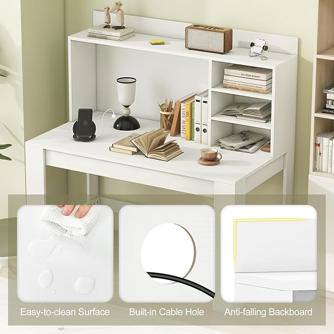Giantex Computer Desk with Hutch, Modern Home Office Desk with Power Outlets, Storage Shelves & Cable Hole, Makeup Vanity Table, Study Writing Desk for Bedroom Office Small Space, White