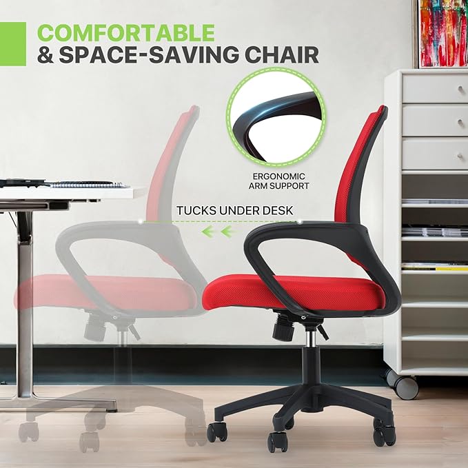 Magshion Office Chair, Ergonomic Mid-Back Mesh Desk Chair, Rolling Computer Chair with Lumbar Support & Comfy Armrests for for Gaming, Work, Study, 300 Lbs Capacity, Red