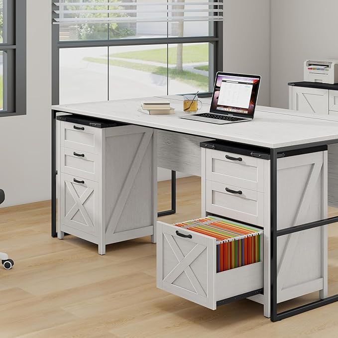 Vabches Vertical File Cabinet with 3 Drawers, Wooden Farmhouse Filing Cabinet for Letter/A4 Size Hanging Files, Under Desk Printer Stand with Storage for Home Office, White and Black