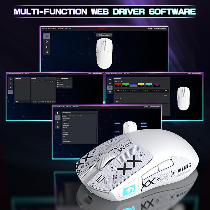 ATTACK SHARK × MAMBASNAKE M4 Wireless Gaming Mouse, 24000 Adjustable DPI PAW3311 Optical Sensor, Programmed Buttons, 52g Lightweight Ergonomic Computer Mice 2.4G/BT/USB-C for PC/Mac-White&Griptape