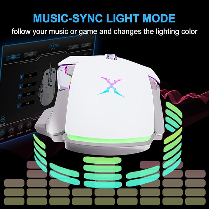 FOXXRAY BM-88 RGB Gaming Mouse, 7200 DPI, Musicsync Backlit, Wired Optical Mouse with 7 Programmable Buttons, 13 Lighting Effects, Braided Cable, Gaming Mouse for PC/Laptop - White