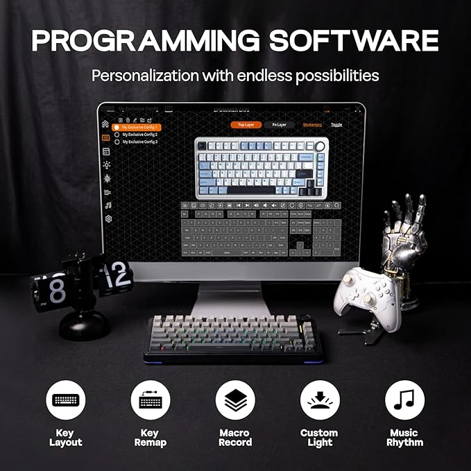 EPOMAKER EA75 75% RGB Gaming Mechanical Keyboard, 2.4GHz/Type-C/BT Creamy Wireless Keyboard with Knob, Shine Through PBT Keycaps, Hot Swappable for Gamers (Black Gradient, Reaper Switch)