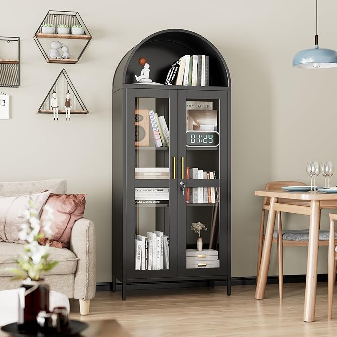 VEXPOR 73" Tall Arched Display Cabinet with Glass Doors, Metal Arched Curio Cabinet with Lock for Living Room, Home Office, Assembly Required