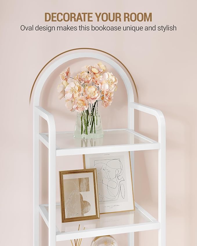 Hzuaneri Bookcase Bookshelf, Tempered Glass Bookshelves, Slim Shelving Unit for Bedroom, Bathroom, Home Office, Steel Frame, 5 Tier White BC05099W