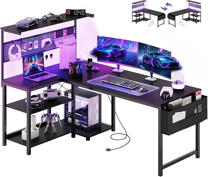 Apicizon L Shaped Desk Gaming Desk with LED Light & Power Outlet, 55 Inch Reversible Computer Desk with Pegboard & Shelf & Storage Bag for Home Office, Black