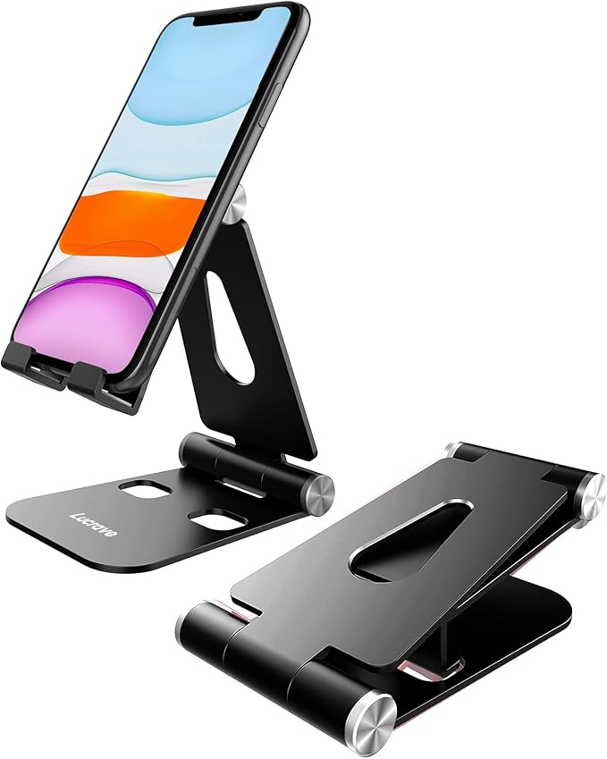 Cell Phone Stand, Updated Adjustable Desktop Phone Holder Cradle,Fully Foldable, Thick Case Friendly, Portable Aluminum Compatible with All Mobile Phones, Switch, Tablets(4-10in)-Black