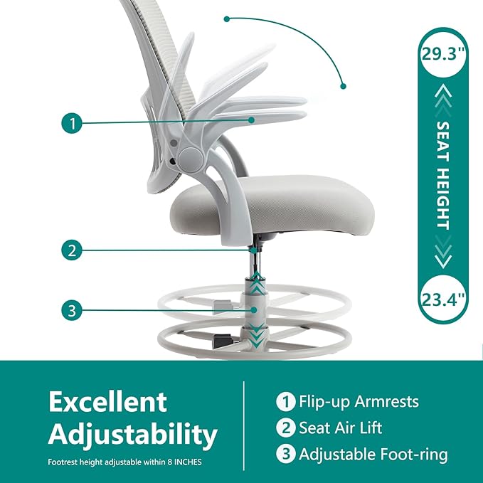 DUMOS Drafting Chair for Standing Desk, Counter Height Adjustable, Flip-up Arms, Ergonomic Mid Back Mesh Rolling Work Swivel Office Computer Chairs with Wheels, Grey