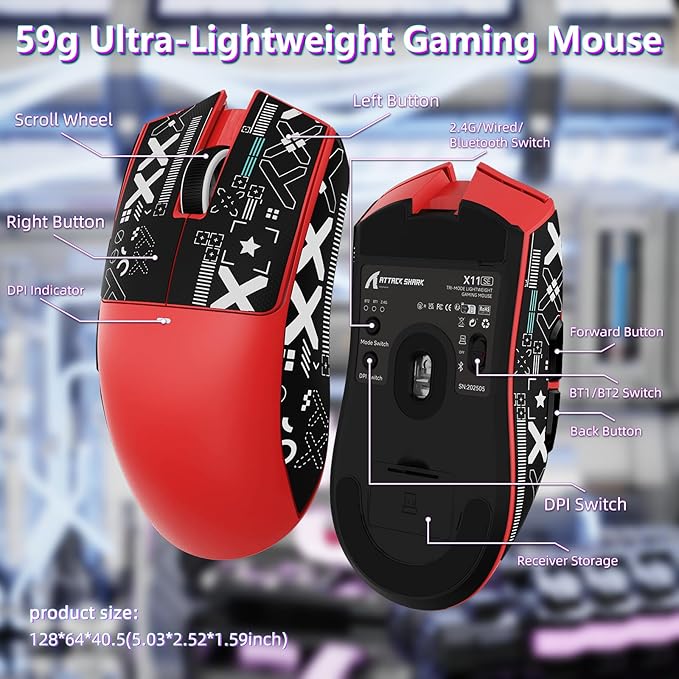 MAMBASNAKE Attack Shark X11SE Lightweight Wireless Gaming Mouse, Tri-Mode 2.4G/USB-C Wired/BT, 22K DPI, PAW3311 Optical Sensor, 59g, 5 Programmable Buttons, 300mAh Battery for PC/Mac(Red-Griptape)
