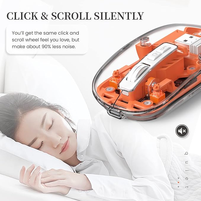 A.JAZZ Wireless Bluetooth5.1&2.4G Mini Lightweight Mouse,Transparent Clear Cool,Rechargeable Silent Computer Mice,Nano USB C Receiver,LED Battery Magic Silm For Office/PC/Mac/Laptop/Apple/ipad(Orange)