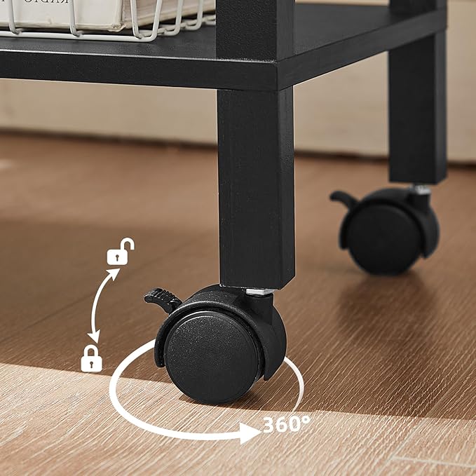 YUFAM 2 Tier Under Desk Printer Stand with Storage, Small Printer Table with Charging Station, Rolling Printer Cart Shelf with Lockable Wheels for Home, Office (Black)