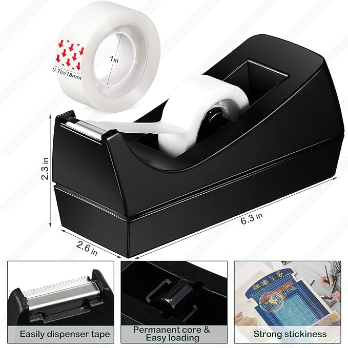 Yahenda 18 Pack Black Desktop Tape Dispenser Non Skid Base with 0.7 x 985 Inches Invisible Tape Refills Bulk Weighted Roll Dispenser for Office Home School