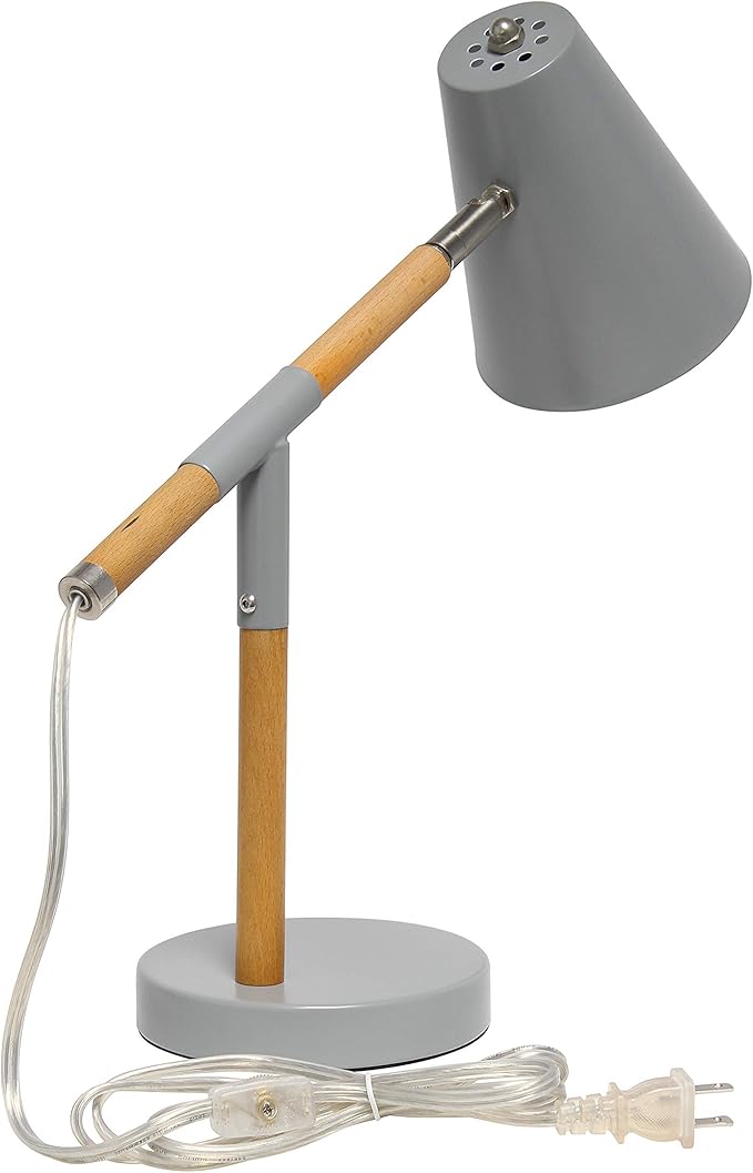 Simple Designs LD1059-GRY Gray Matte and Wooden Pivot Desk Lamp