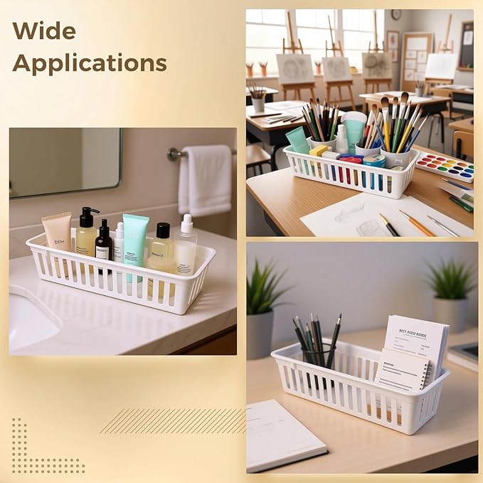 12 Pcs Storage Bins, Plastic Trays For Organizing, Stackable Drawer Pencil Trays, Slim Plastic Storage Baskets, White Desktop Storage Box, 10.2 x 3.1 x 2.4 in / 26 x 8 x 6 cm