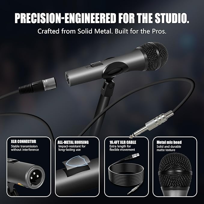 Professional Vocal Microphone for Singing, Dynamic Karaoke Handheld Wired Microphone with 16ft XLR to 1/4" Audio Cable, Studio Mic for Speaker, Amplifier, Mixer and Karaoke Machine