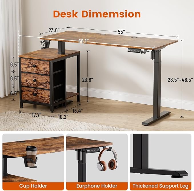 REAHOME Electric Standing Desk with Drawers, 55 x 24 Inches Height Adjustable Sit Stand Desk with Storage, 3 Memory Preset Home Office Computer Desk, Printer Cabinet Cable Management, Rustic Brown