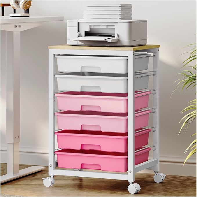 SYKIARIOL Rolling Cart with Drawers,Utility Cart with 6 Drawers,Rolling Storage Cart with Drawers and Wooden Tabletop & Lockable Wheel,Pink