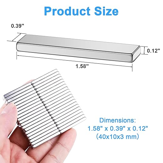 10 Pack 40x10x3 mm Rare Earth Neodymium Magnets, Powerful Small Strong Metal Rectangular Bar Magnetic Strip Magnet for Fridge Garage Kitchen Science Craft Office, Silver