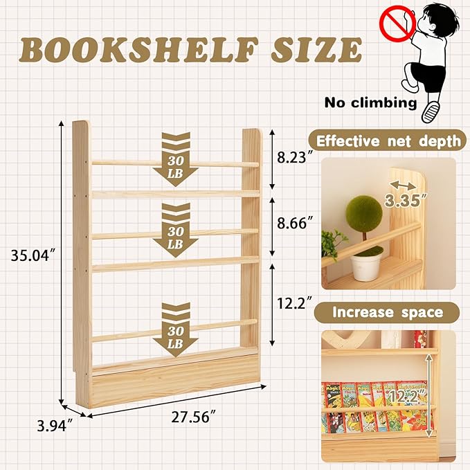Baveke Kids Bookshelf, 3 Tier Shelves Behind The Door Book Shelf Storage, Children's Solid Wood Bookcase Space- Saving, Wall Mount Bookshelf for Bedroom, Living Room, Nursery（FSC-Certified Wood）