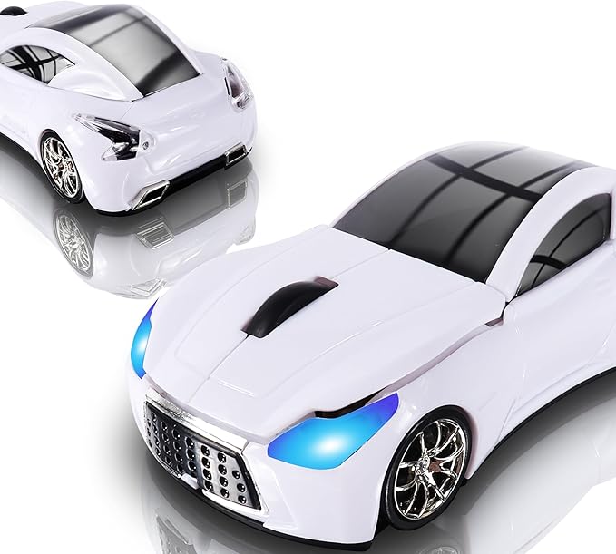 elec Space Wireless Mouse, Cool Car-Shape Wireless Mouse with LED Headlights, 2.4G Unique Car Mouse for Kids with USB Receiver, 1600 DPI Cute Gaming Mouse for Laptop PC Computer-White