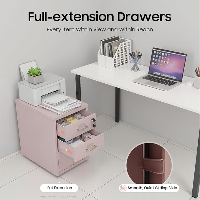 Pink File Cabinet, 3 Drawer File Cabinet with Lock, Metal Mobile Vertical Pink Desk Organizer, Rolling Cabinet with Lock and Wheels Under Desk for Home Office