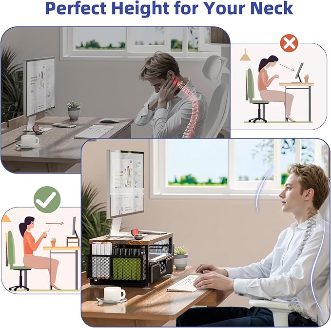 Simple Trending Wood Monitor Stand Riser, Desk Organizers and Accessories, 2-Tier Computer Rack with Drawer and Pen Holder for Desktop PC, Printer, Office Equipment – Desk Organizer for Home Office