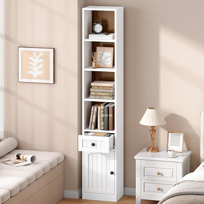 HOOBRO 70.9" Inch Tall Bookcase, Tall Narrow Bookshelf with Storage Cabinet and Adjustable Shelf, Space Saving Storage Shelf Bookcase for Office, Living Room, Bedroom, White and Walnut WH42SJ01