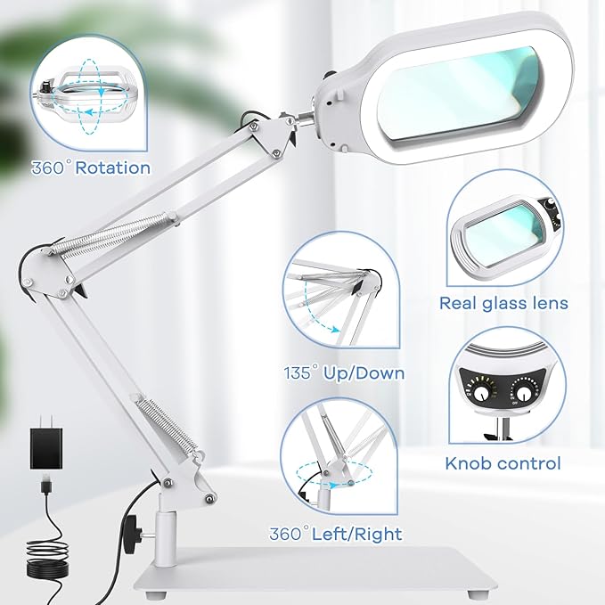 10X Rectangle Magnifying Glass with Light and Stand, Real Glass Lighted Magnifier Hands Free, Mechanical Knob 5 Color Modes Stepless Dimmable, 2-in-1 LED Desk Lamp with Clamp for Close Work - White