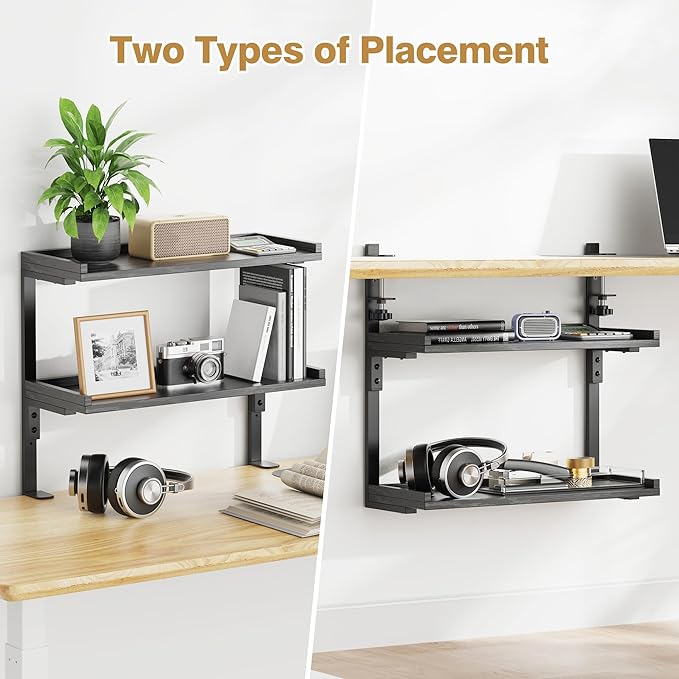 Clamp On Desk Shelf 2-Tier, 16.5 in Wood Shelving Unit for Office Desk/Gaming Accessories, Tabletop Book Storage Rack, Shelf for Top of Desk, Black