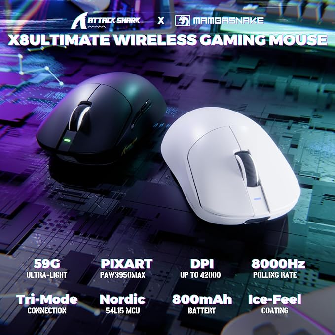 ATTACK SHARK X8 Ultimate Wireless Gaming Mouse,55g Ultra-Lightweight BT/2.4GHz Wireless/Wired Mouse,8K Polling Rate,PixArt PAW3950MAX Sensor,42000 DPI,800mAh Battery,Gamer Mice for PC/Win/Mac(White)