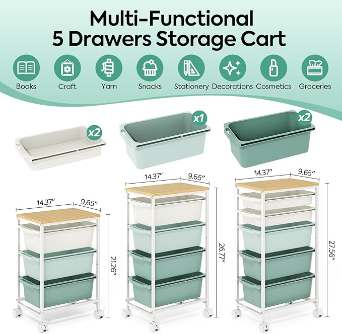 Rolling Storage Cart with 5 Drawers, Craft Organizer, Wooden Tabletop Utility Cart for Bedroom, Children's Room and Office Organization, Table Side Trolley with Lockable Wheels, Green