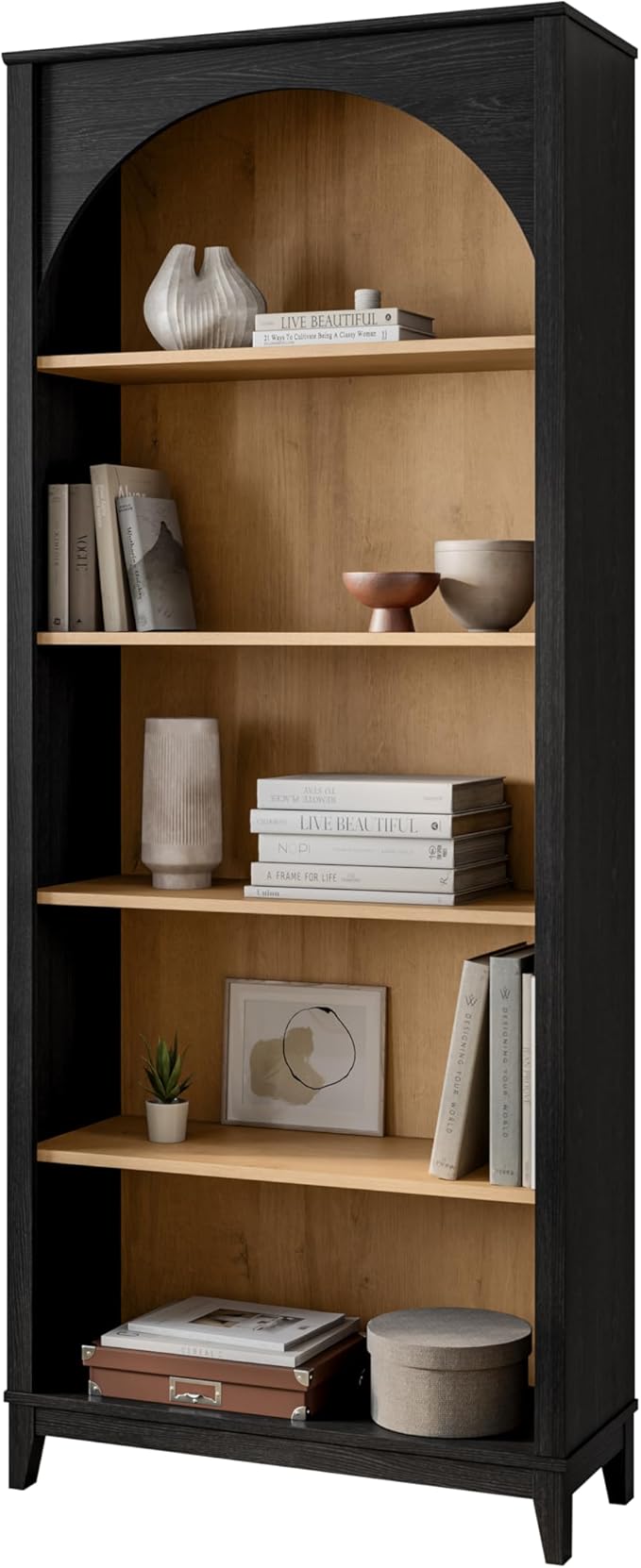 Prepac Ark 78" Tall 5-Tier Arched Bookcase, Black Oak with Oak Finish Interior, Modern Storage Accent Bookshelf with 3 Adjustable Shelves for Home, Office, Living Room, Bedroom