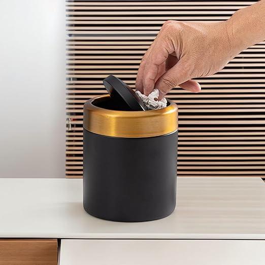 Desktop Refuse Receptacle - Slim Trash Organizer, Petite Waste Carrier | Cute Table Bin, Modern Brushed Metal Lid Mechanism, Elegant Stainless Canister Finish Ideal Home, Kitchenette, Nightstan