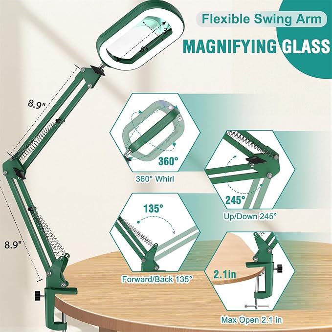 IVMAIE 10X Rectangle Magnifying Glass with Light, 5 Color Modes Stepless Dimmable Magnifier with Stand, LED Lighted Clamp Desk Lamp with Swing Arm, Hands Free for Reading Painting Close Work - Green