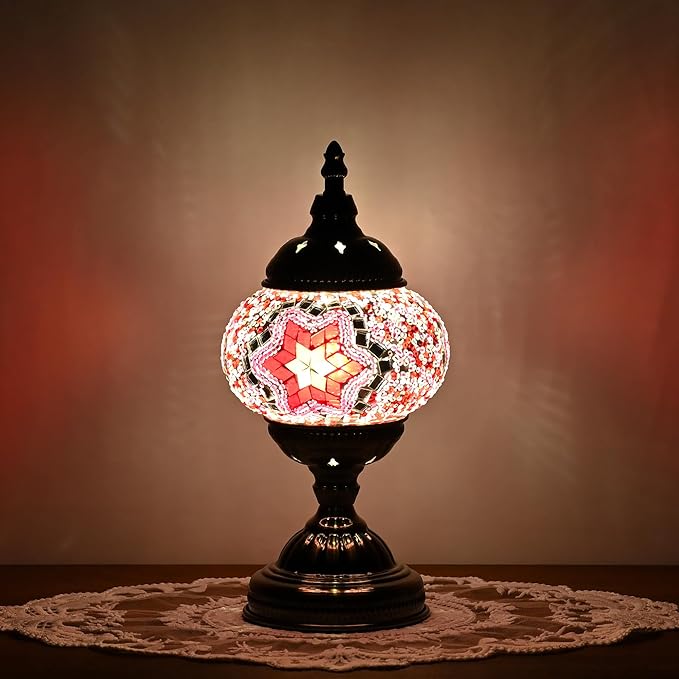 GOGERS Turkish Moroccan Table Lamp Lantern with Handmade Mosaic Glass Lampshade Tiffany Style Bohemian Stained Glass Decorative Desk Lamps Bedside Night Lights for Bedroom (Pink)