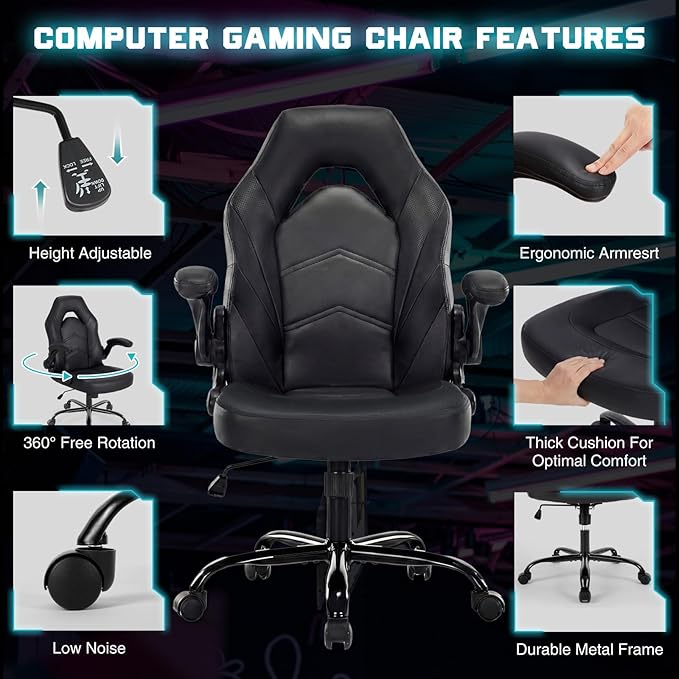 Sweetcrispy Computer Gaming Desk Chair - Big Tall Ergonomic Lumbar Support with Flip-up Armrest and 360° Swivel Wheels, PU Leather Height Adjustable, for Home and Office, Black