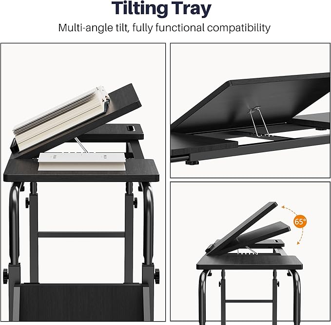 Overbed Table with Wheels, Tilting Overbed Desk Adjustable Height & Length, Queen Over Bed Table with Storage Cabinet, Rolling Laptop Desk for Bedroom, Living Room, Hospital (Black, 47.24in)