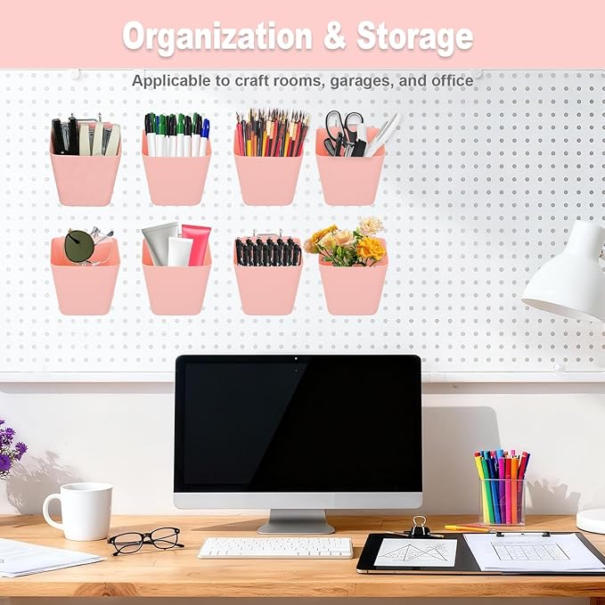 8 Pack Large Pegboard Bins with Hooks, Square Box Shape Peg Board Cups and Peg Board Accessories for Craft Room, Playroom, Office, Garage, and Wall Mount Organization (Pink)