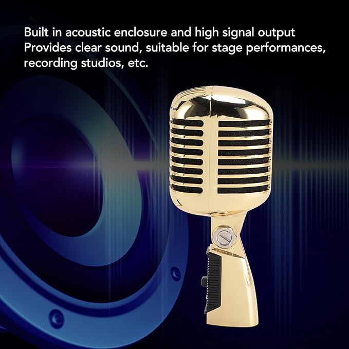 Classic Retro Microphone, Vintage Dynamic Microphone, Zinc Alloy Self Tensioning Rotating Rack, Unidirectional Cardioid Mic, Universal Stand Compatible (Golden)