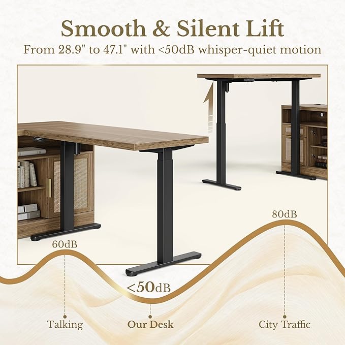 Home Office Furniture Set, 48'' Standing Desk with 73'' Bookshelf, Electric Height Adjustable Desk with 2 File Cabinet, Bookcase with Doors, Rattan Office Furniture Sets, Natural Oak