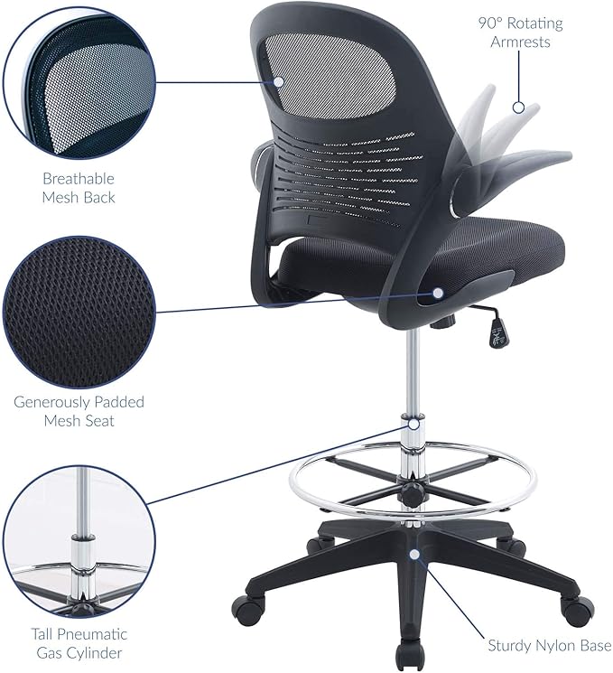 Modway Advance Drafting Stool - Reception Desk Chair - Drafting Table Chair - Flip-Up Arms in Black