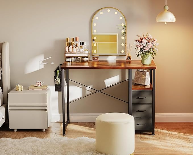 AODK 32 Inch Small Computer Desk with Fabric Drawers, Kids Study Desk for Bedroom, Home Office Desk with Storage Shelf & Bag for Small Space, Vintage