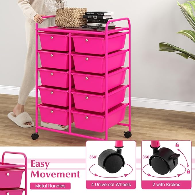 “Moccha 10-Drawer Rolling Storage Cart - Under Desk Storage Drawers with wheels for Craft Art Supply Paper Salon, Scrapbook Paper Tools, Storage Drawers Organizer, Mobile Utility Cart for Classroom