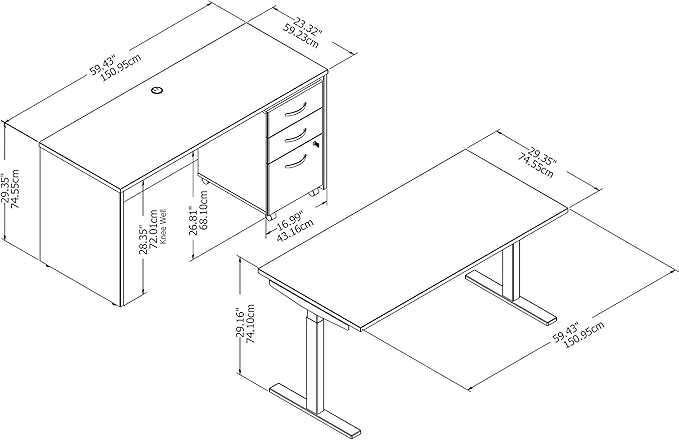 Bush Business Furniture Studio C 60W x 30D Height Adjustable Standing Desk, Credenza and Mobile File Cabinet in White