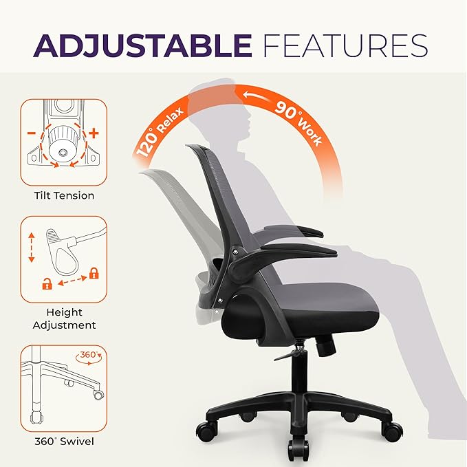 NEO CHAIR Office Desk Gaming Ergonomic Computer Chair with Lumbar Back Support Adjustable Height Swivel Rolling Wheels Flip-up Arms Mesh Chair for Home Vanity (Black)