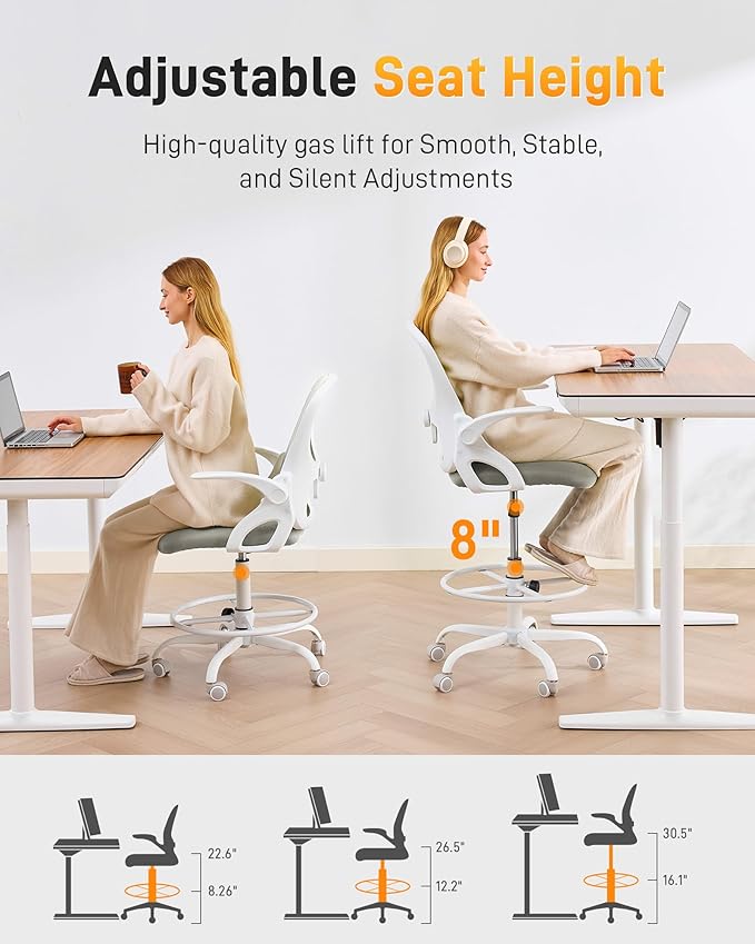 LukkDys Drafting Chair with 4D Multi-Adjustable Backrest, Tall Office Chair 19.7"-27.6" Seat Height, Ergonomic Standing Desk Chair with Flip-up Arms, Foot Ring, Grey&White